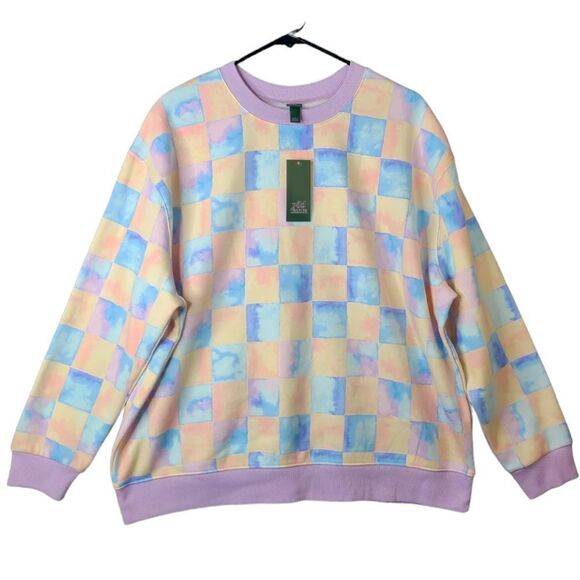 Wild Fable Sweatshirt Crew Neck Lavender Melon Checkered Patchwork NWT LARGE - Picture 1 of 4
